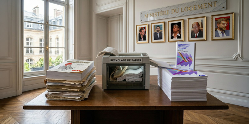 Desk with piles of newspapers, a paper recycling bin, and stacks of forms in a government office, portraits on the wall.
