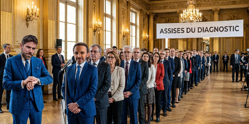 A line of formally dressed professionals standing in a grand gilded room with chandeliers, a speaker at a microphone in the foreground, and a banner reading 'ASSISES DU DIAGNOSTIC' overhead.