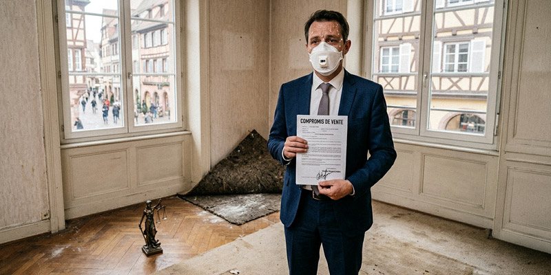 Man in a blue suit and face mask holds a 'Compromis de Vente' document in a partially renovated room, with a small statue on the floor and exposed exterior through large windows.