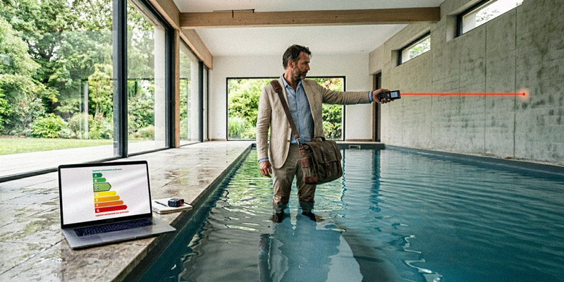 Man in a suit wades in an indoor pool, pointing a laser device at the wall while a laptop displaying an energy label sits on the pool edge (demonstration setup)